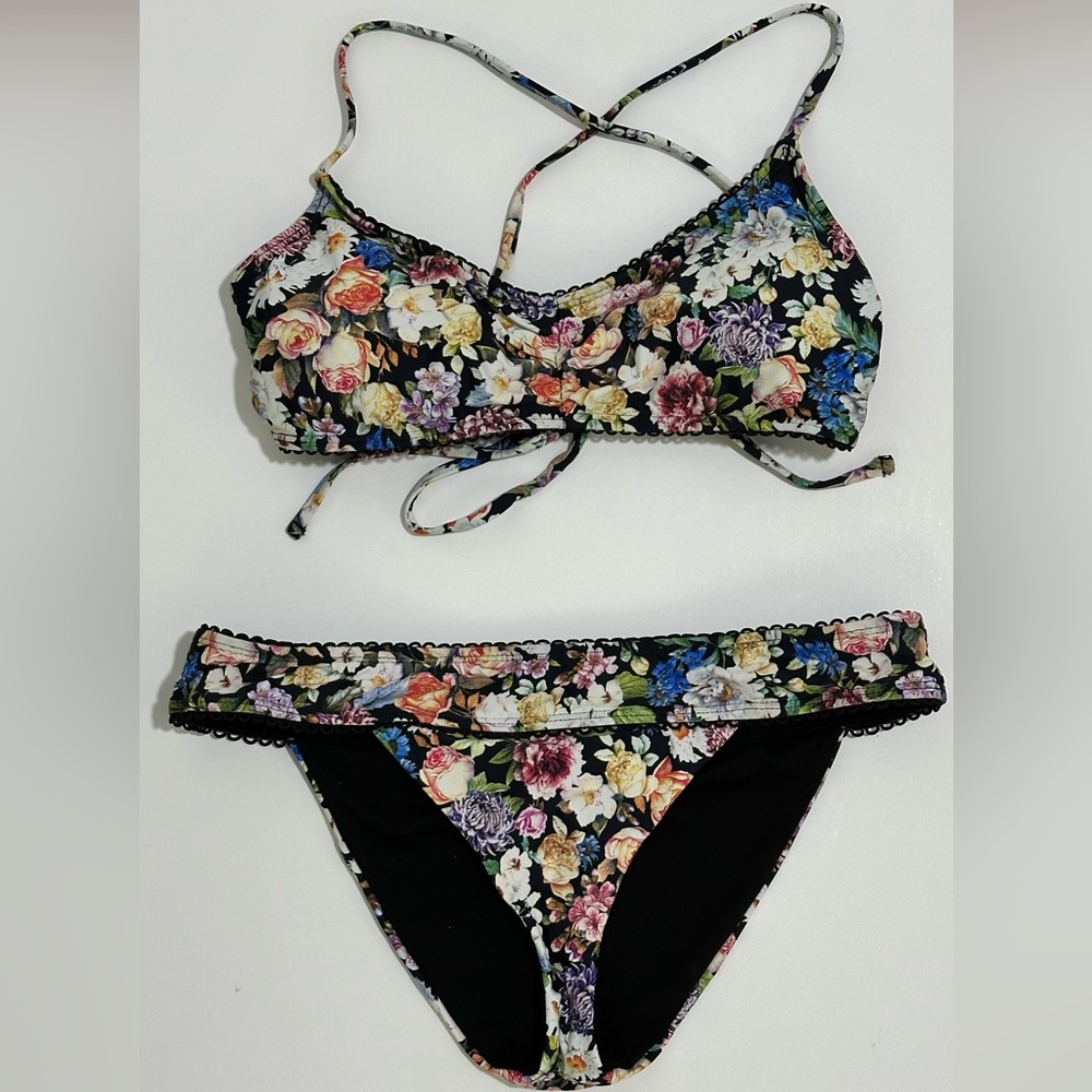 Lucky Brand Black Floral Bikini Set Size Small
